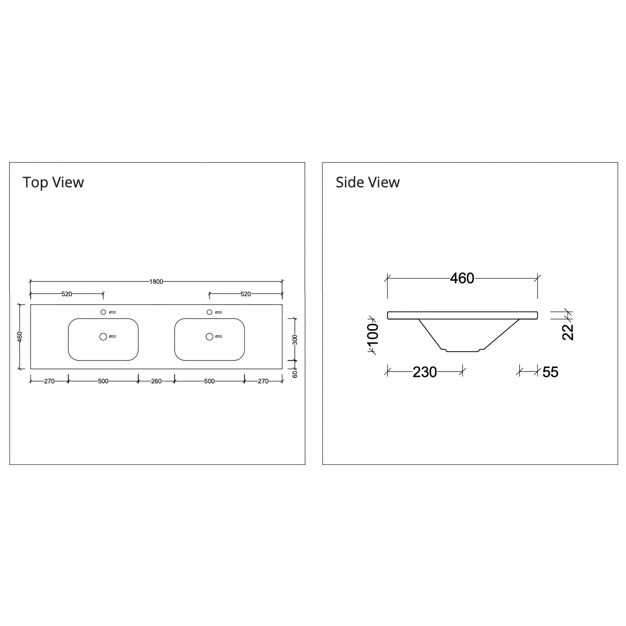 DUROCLASS STADIUM GLOSS WHITE DOUBLE BOWL UNDERMOUNT VANITY TOP (AVAILABLE IN 1500MM AND 1800MM)
