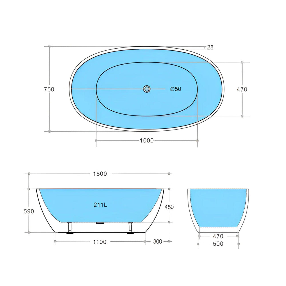 POSEIDON STELLA FREE STANDING BATHTUB MATTE BLACK 1500MM