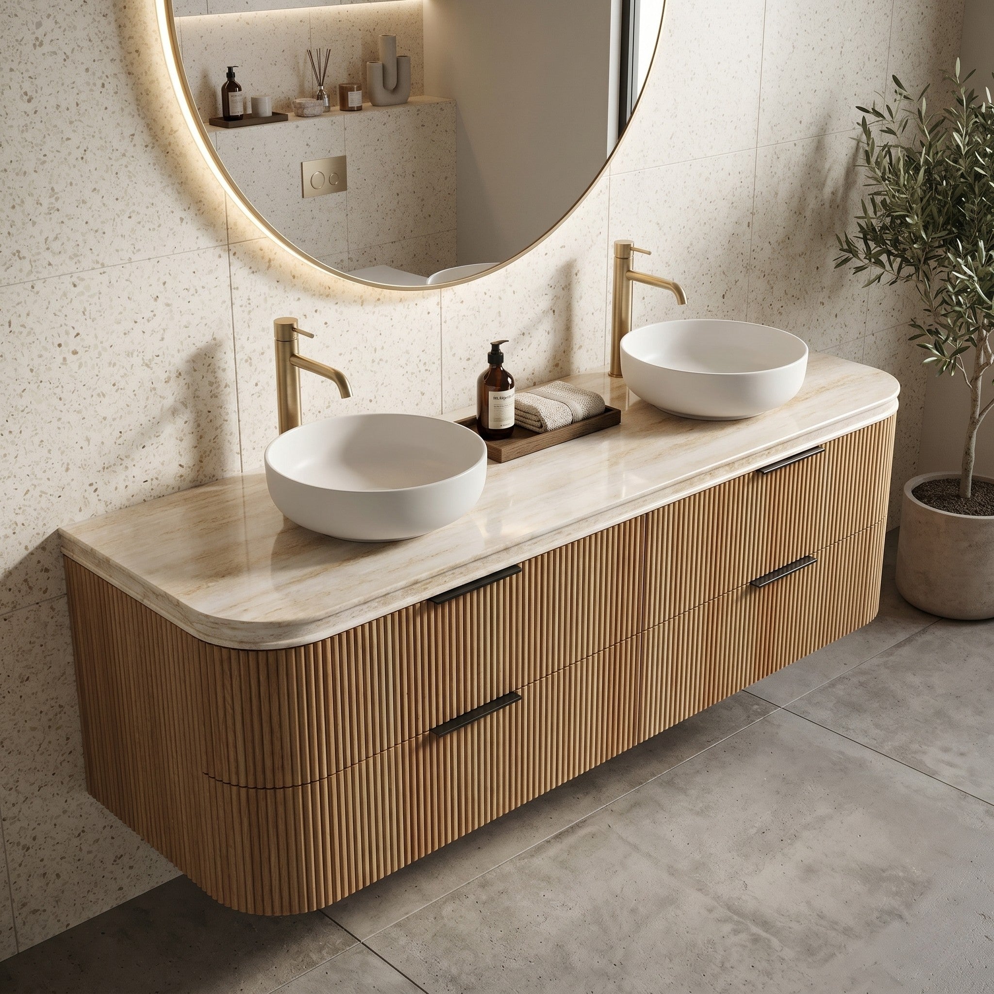 OTTI ENGLISH EDGE SAND DUNE ABOVE COUNTER DOUBLE VANITY SOLID SURFACE STONE TOP (AVAILABLE IN 1500MM AND 1800MM)