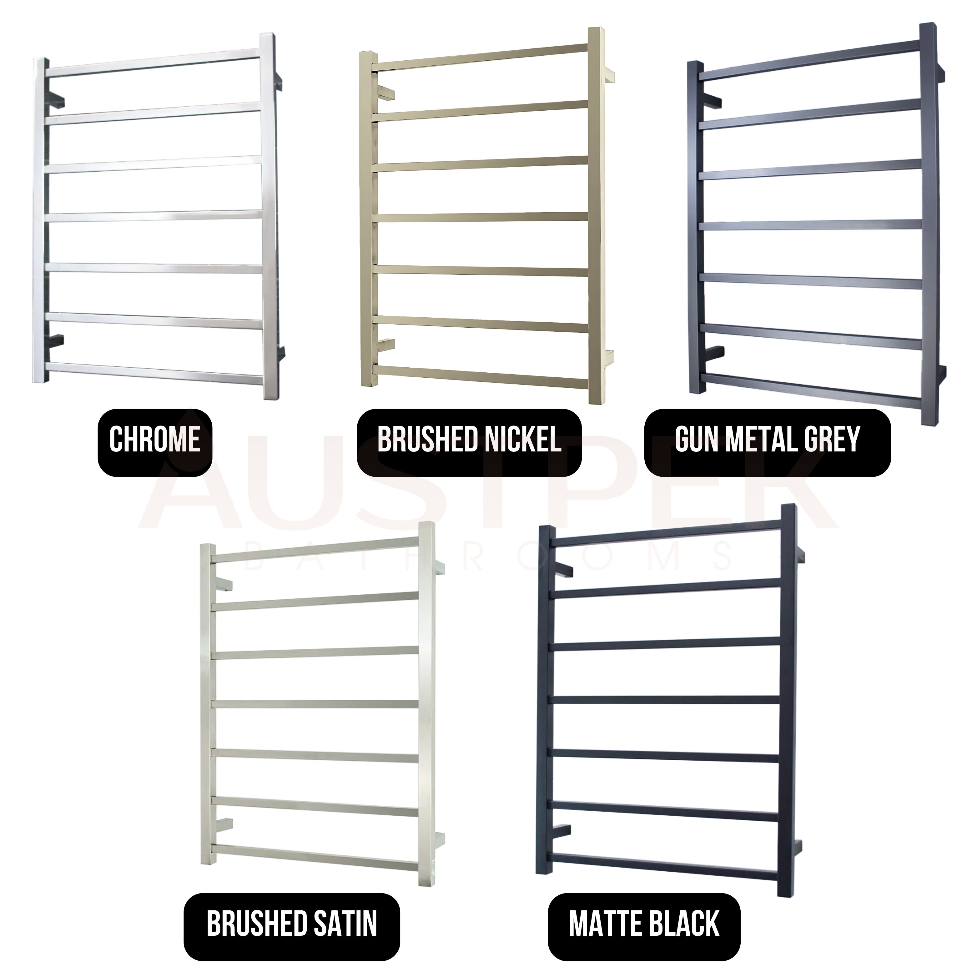 RADIANT HEATING 7-BAR SQUARE HEATED TOWEL RAIL 80WATTS MATTE BLACK 600MM