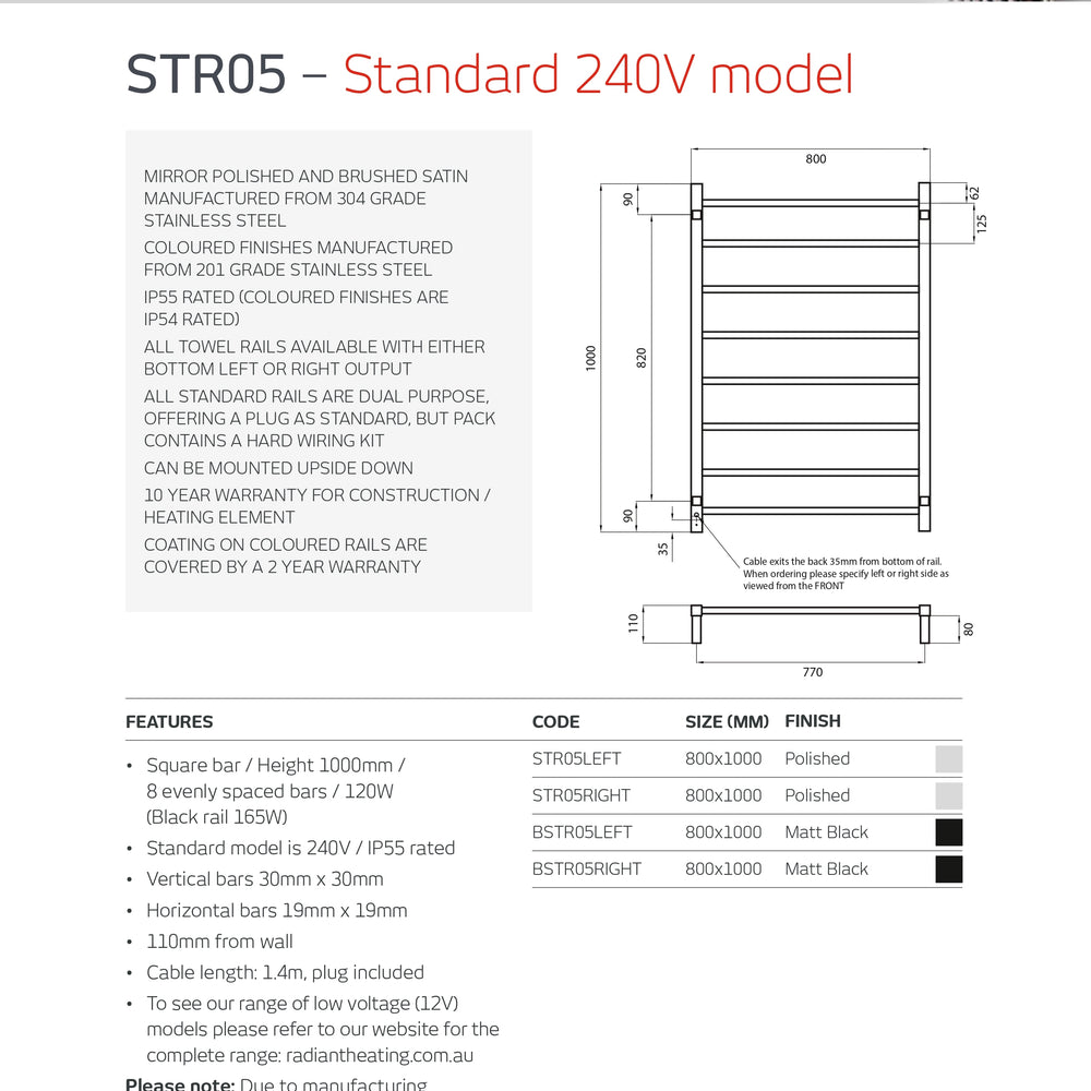 RADIANT HEATING 8-BARS SQUARE HEATED TOWEL RAIL MATTE BLACK 120WATTS 800MM