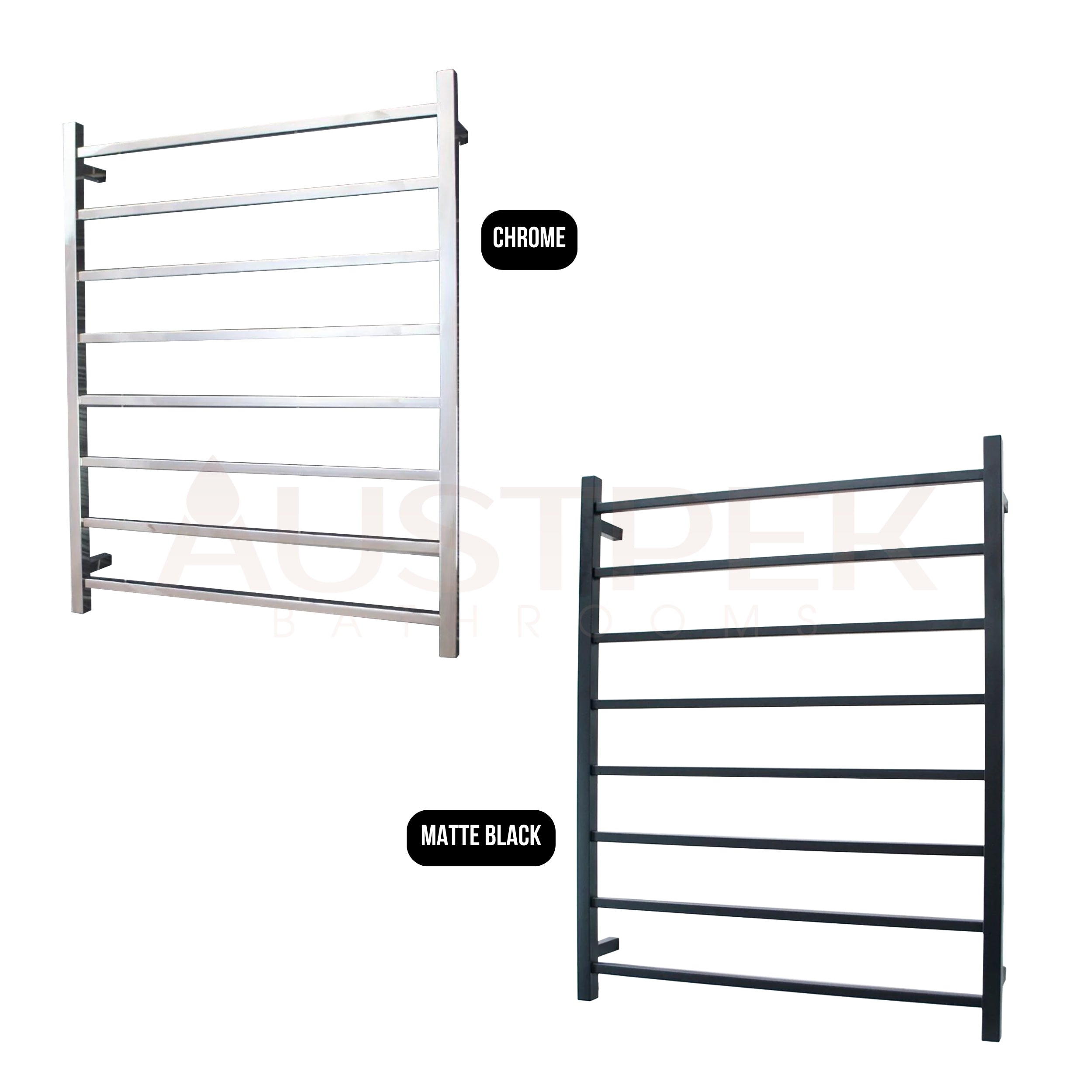 RADIANT HEATING 8-BARS SQUARE HEATED TOWEL RAIL MATTE BLACK 120WATTS 800MM