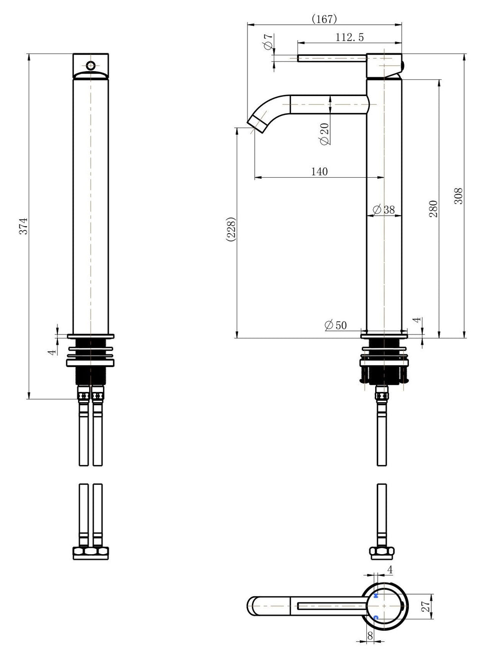 MODERN NATIONAL STAR MINI HIGH RISE LEAD FREE TALL BASIN MIXER 308MM POLISHED BRASS