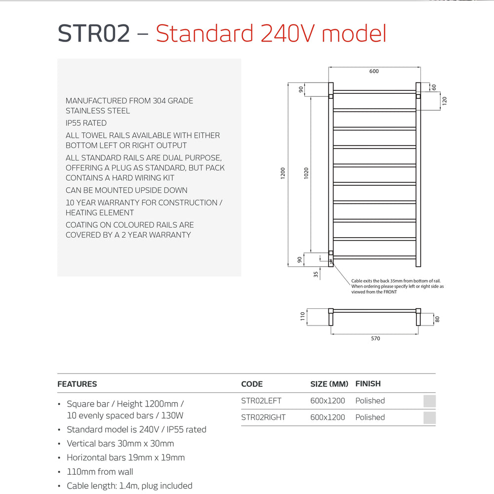 RADIANT HEATING 10-BARS SQUARE HEATED TOWEL RAIL CHROME 130WATTS 600MM