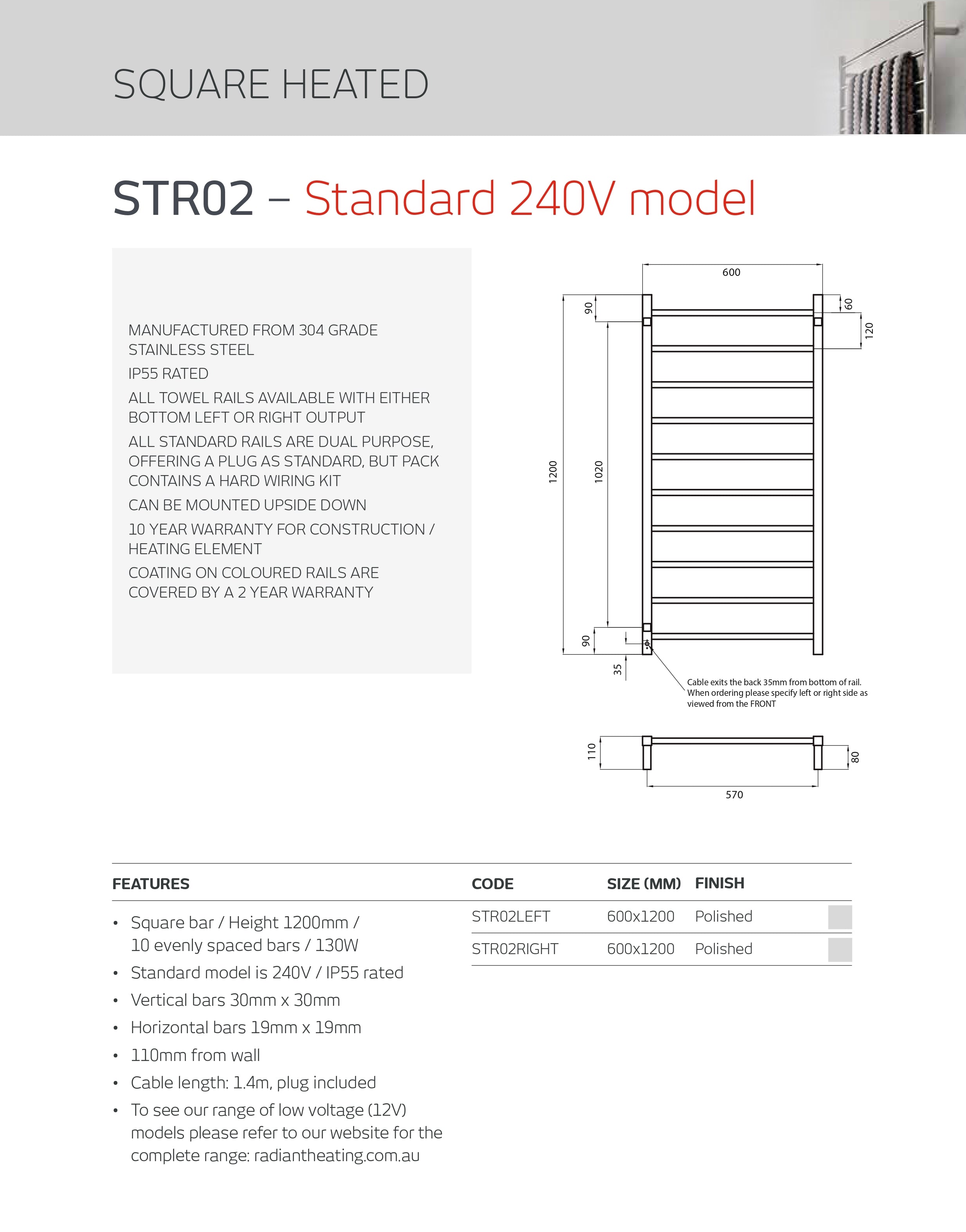 RADIANT HEATING 10-BARS SQUARE HEATED TOWEL RAIL CHROME 130WATTS 600MM