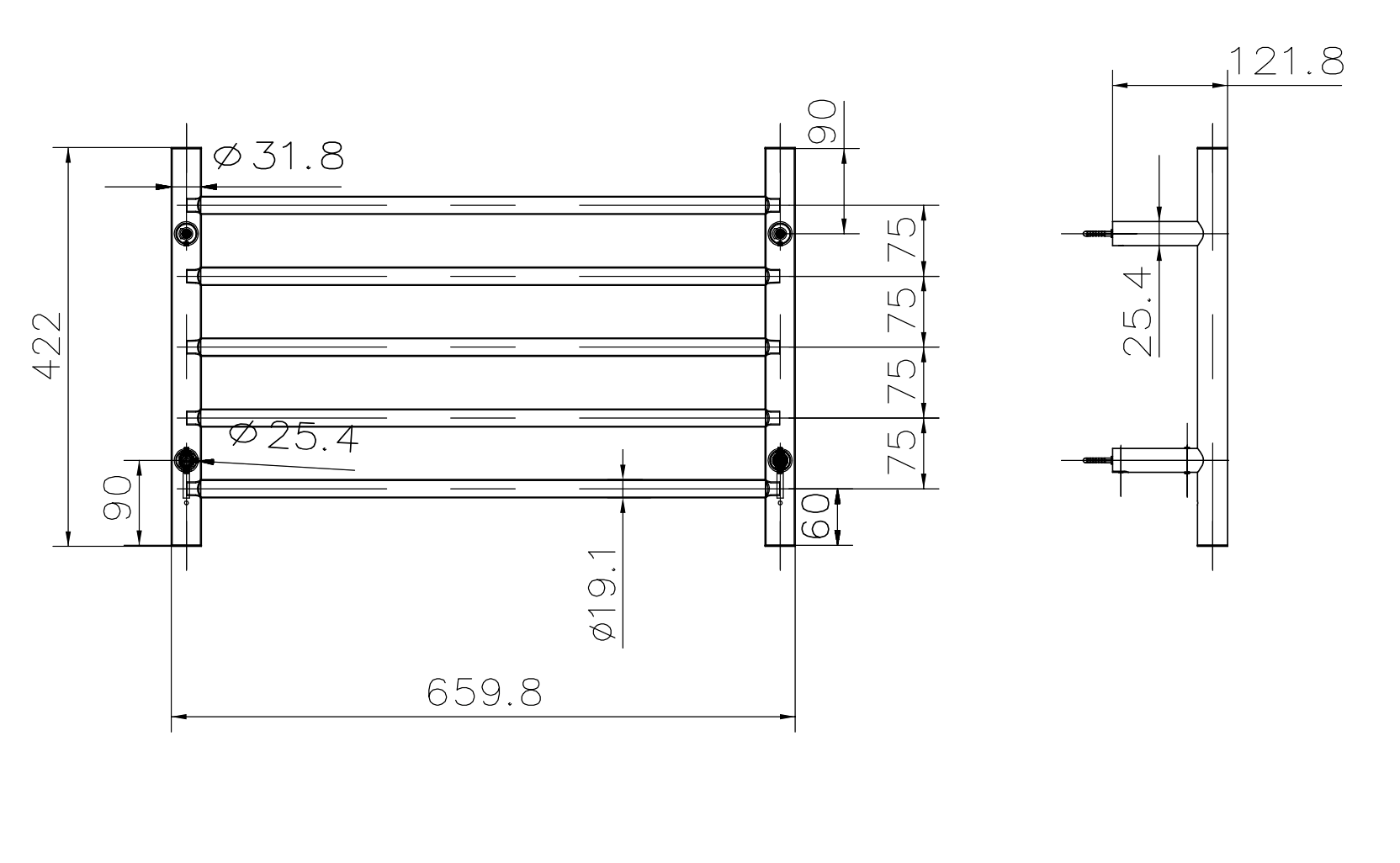 Linsol Allegra 5-Bar Heated Towel Rail dimensions