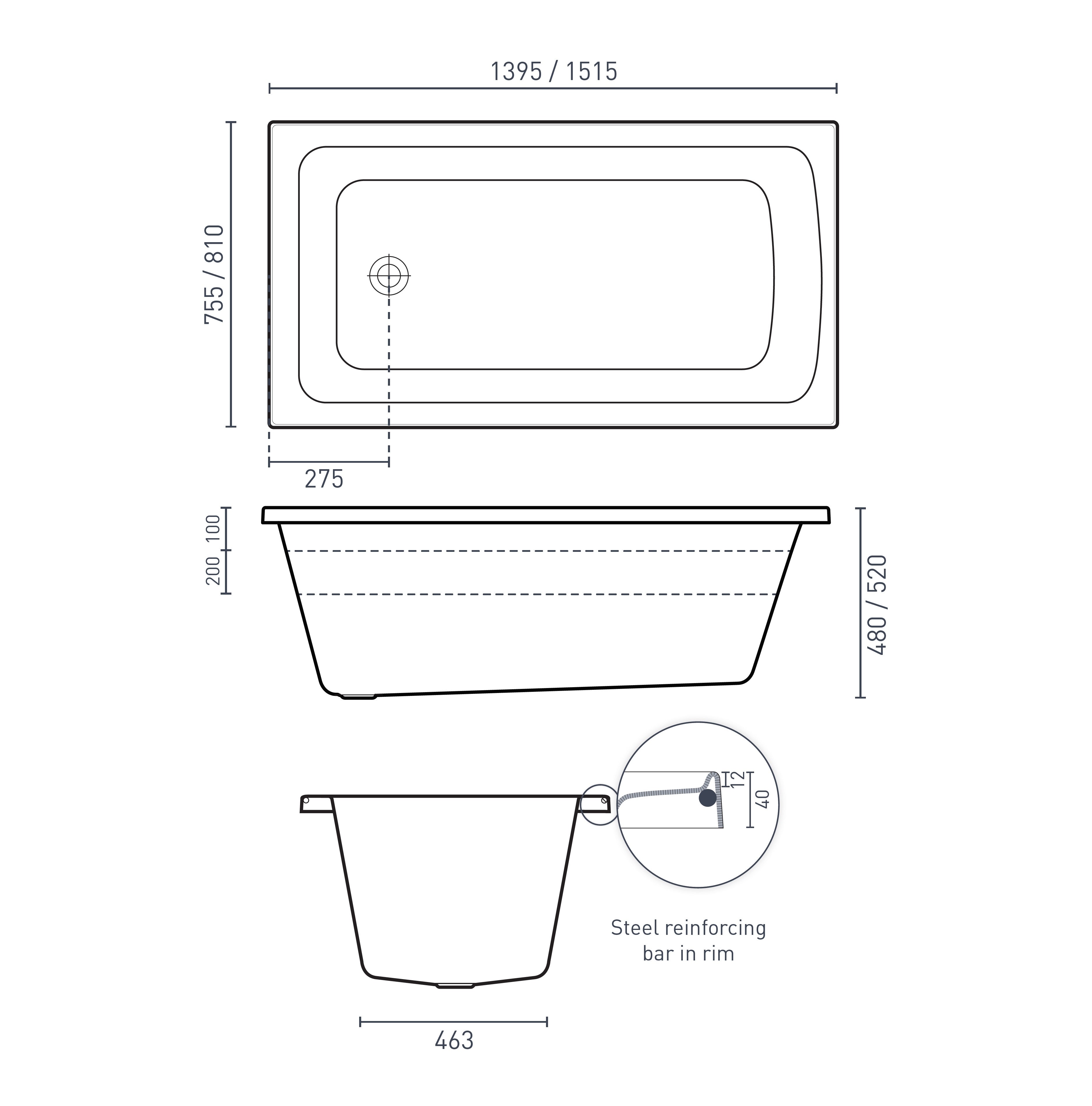 DECINA SHENSEKI INSET SANTAI SPA BATH GLOSS WHITE (AVAILABLE IN 1395MM AND 1515MM) WITH 10-JETS