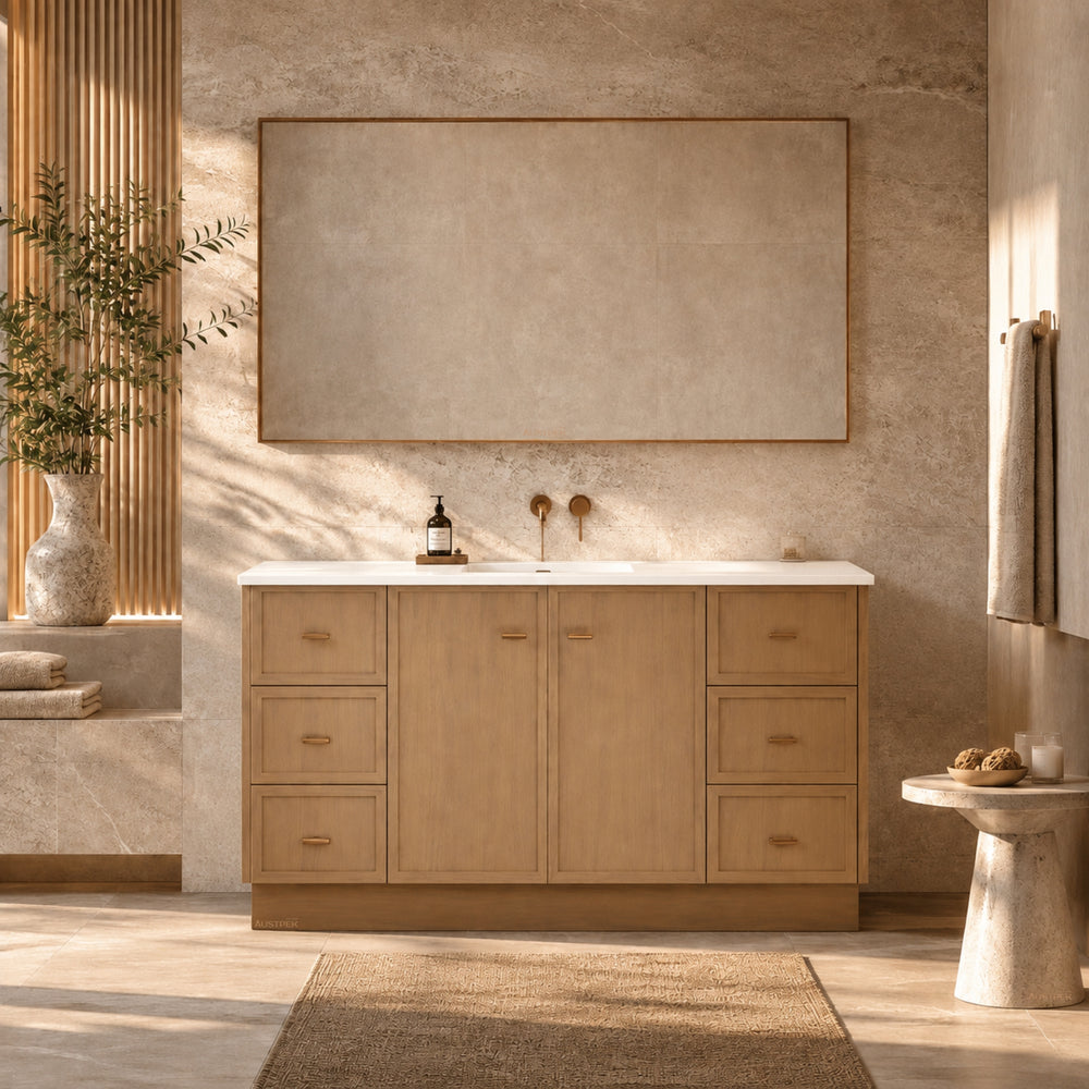 RIVA TOFINO COASTAL OAK 1500MM SINGLE BOWL FLOOR STANDING VANITY WITH KICKBOARD