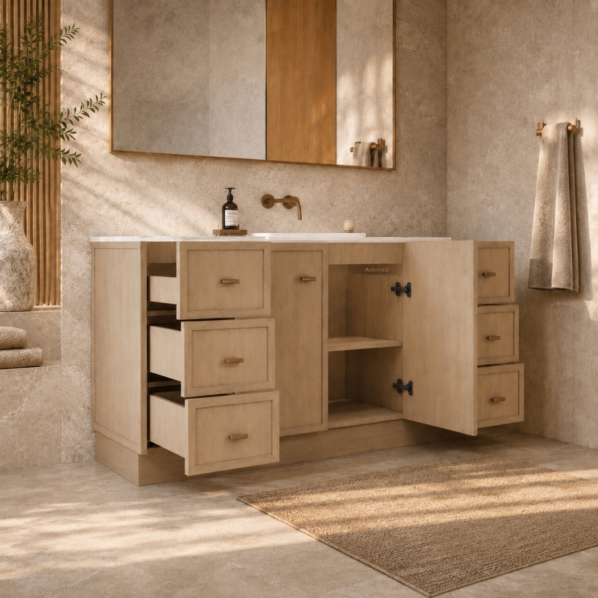 RIVA TOFINO COASTAL OAK 1500MM SINGLE BOWL FLOOR STANDING VANITY WITH KICKBOARD