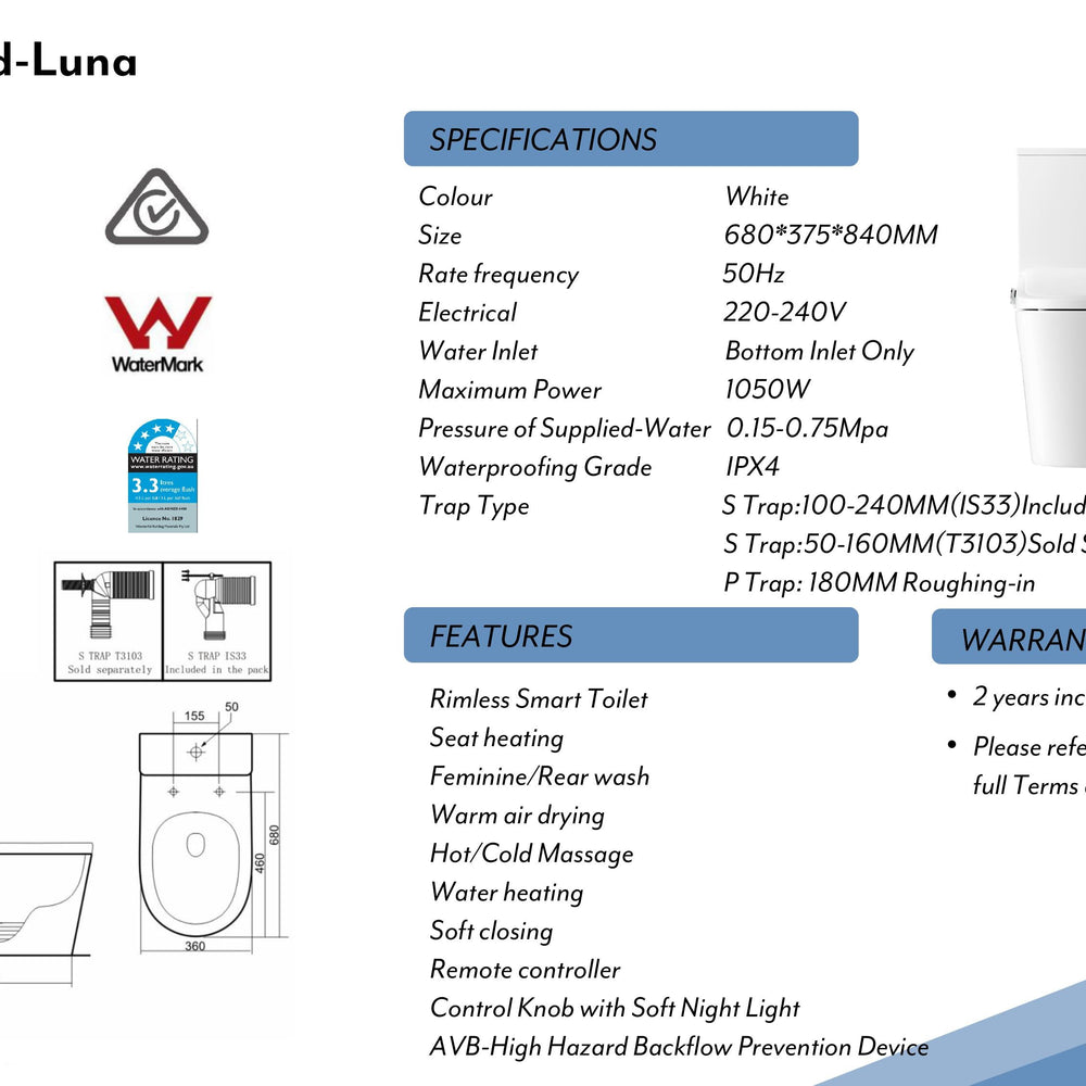 LAFEME CATANIA STANDARD LUNA RIMLESS BACK TO WALL SMART TOILET WHITE