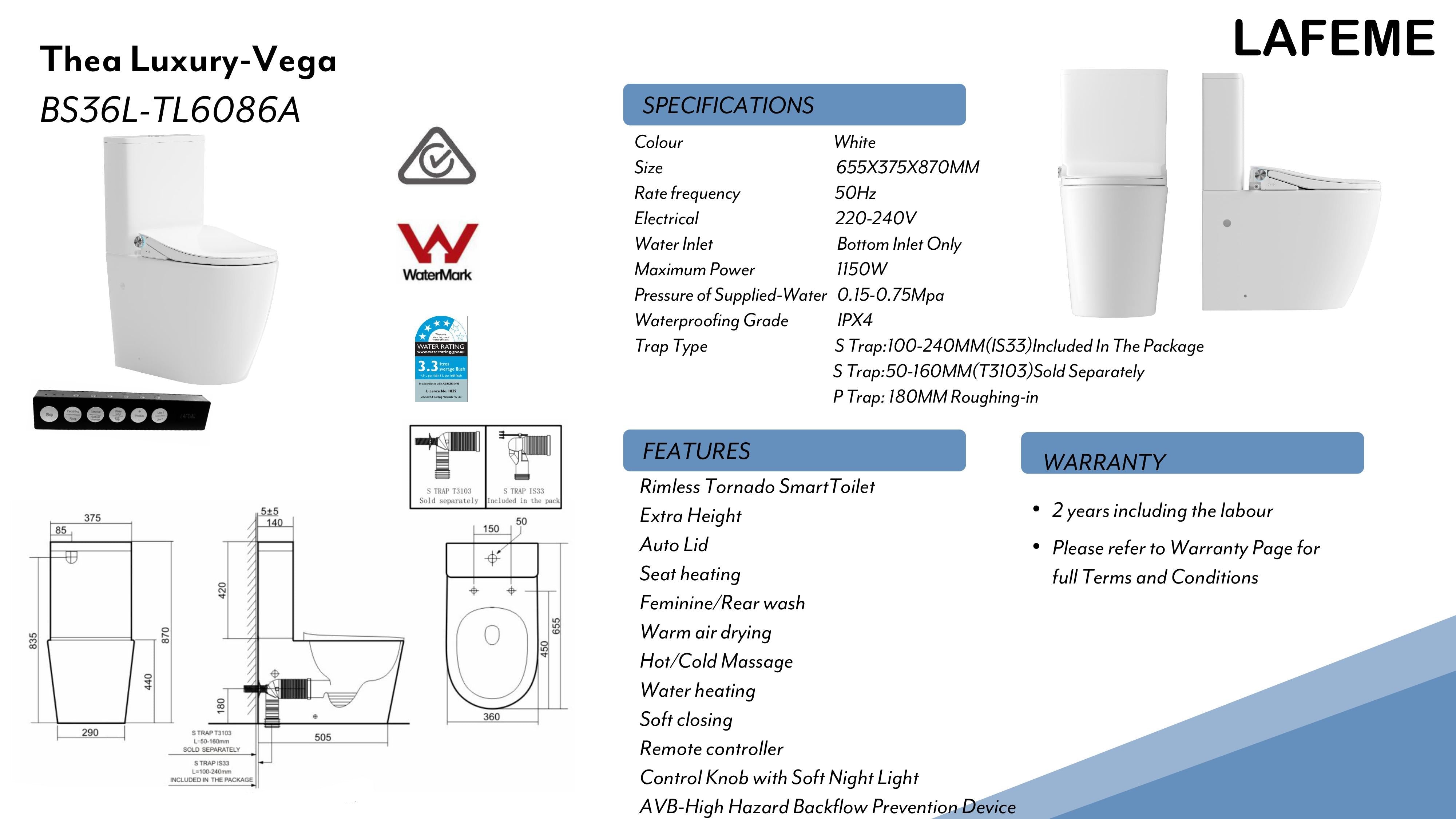 LAFEME THEA LUXURY VEGA RIMLESS BACK TO WALL TORNADO SMART TOILET W/ AUTOLID WHITE