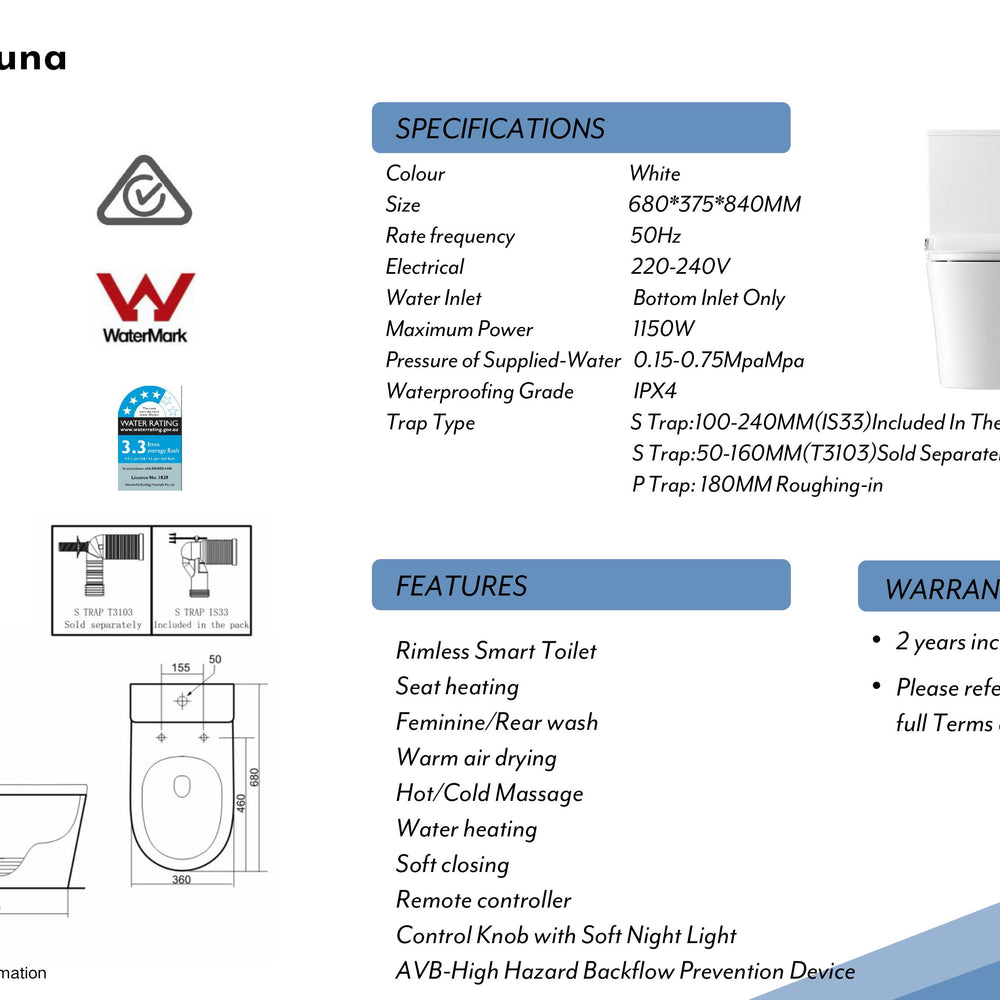 LAFEME THEA STANDARD LUNA RIMLESS BACK TO WALL SMART TOILET WHITE