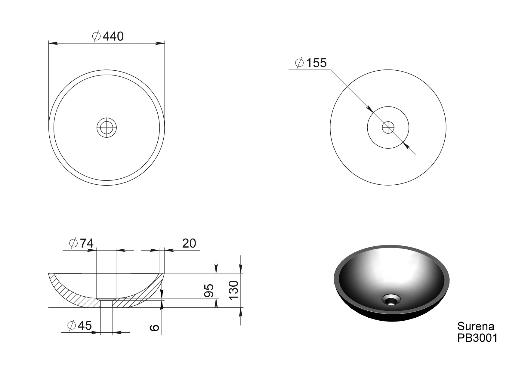 PIETRA BIANCA SURENA ABOVE COUNTER STONE BASIN WITH CUSTOM COLOURS 440MM