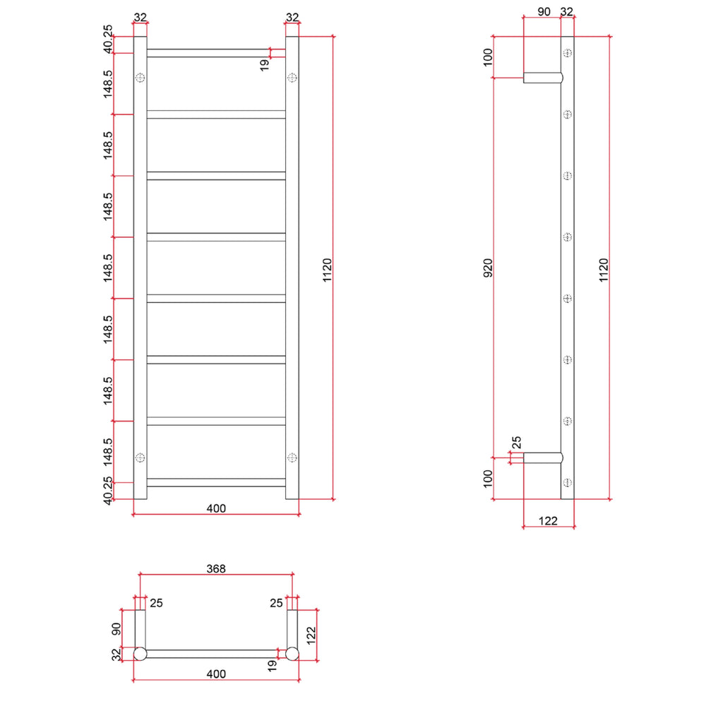 THERMOGROUP 8-BAR ROUND LADDER HEATED TOWEL RAIL POLISHED STAINLESS STEEL 400MM