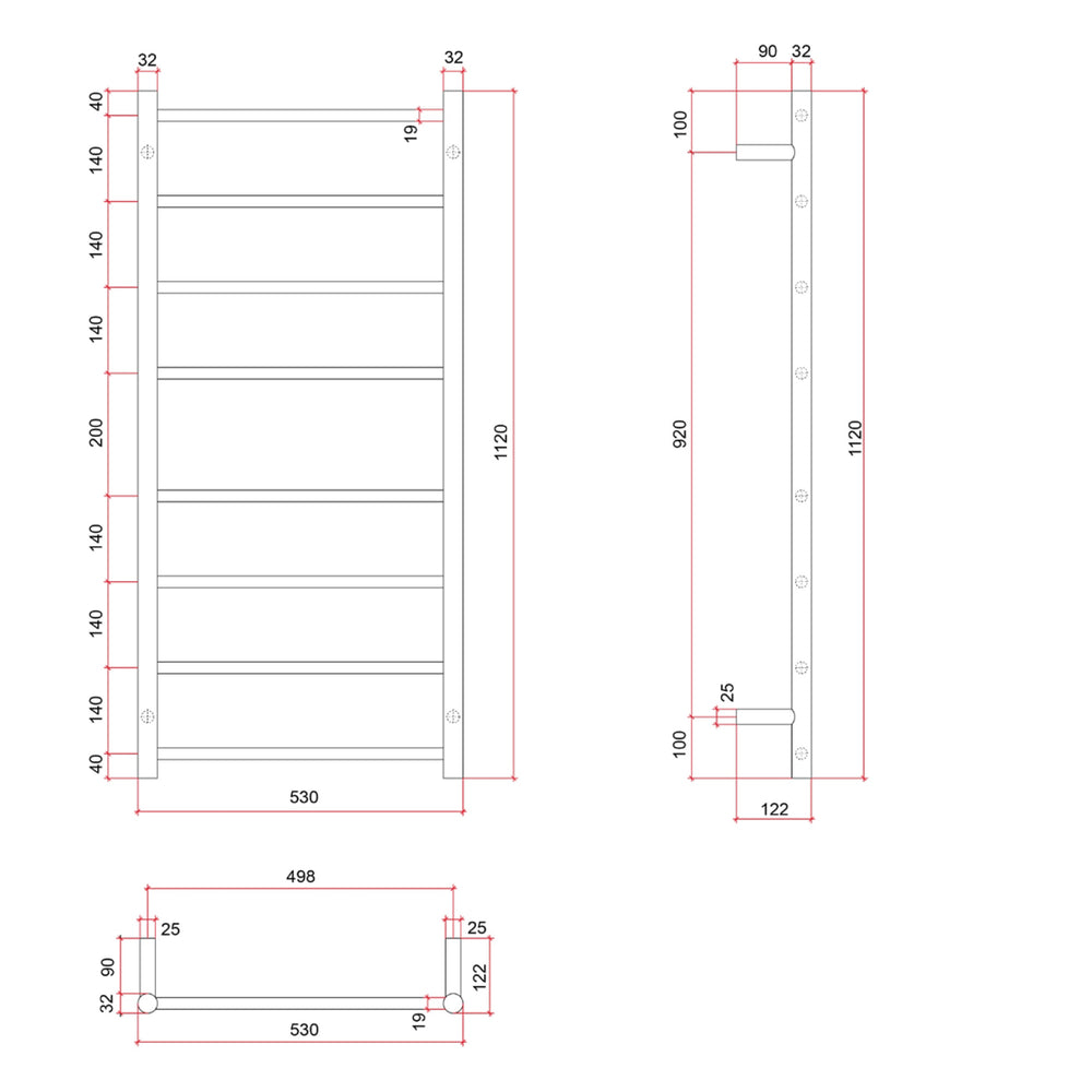 THERMOGROUP 8-BAR ROUND LADDER HEATED TOWEL RAIL POLISHED STAINLESS STEEL 530MM