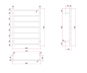 THERMOGROUP 7-BAR SQUARE LADDER HEATED TOWEL RAIL BRUSHED STAINLESS STEEL 600MM