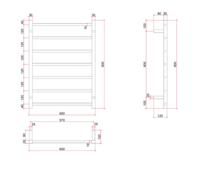 THERMOGROUP 7-BAR SQUARE LADDER HEATED TOWEL RAIL BRUSHED STAINLESS STEEL 600MM