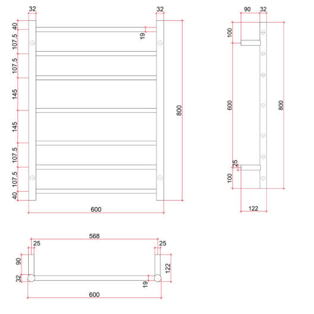 THERMOGROUP 7-BAR ROUND LADDER HEATED TOWEL RAIL BRUSHED BRASS 600MM