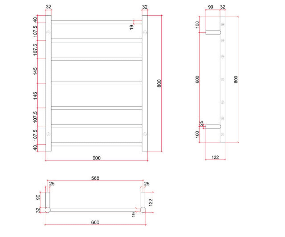 THERMOGROUP 7-BAR ROUND LADDER HEATED TOWEL RAIL BRUSHED NICKEL 600MM