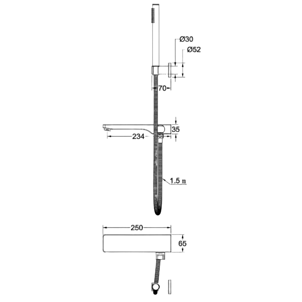 Linsol Tara Bath Spout with Diverter and Hand Shower 234mm Gun Metal - Technical Drawing