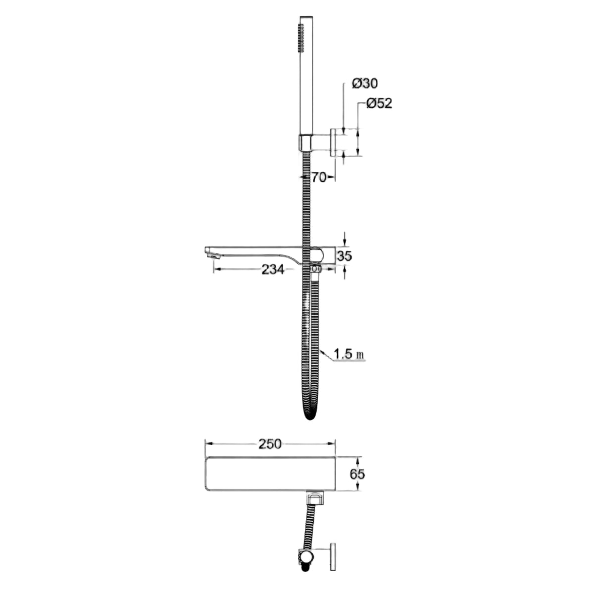 Linsol Tara Bath Spout with Diverter and Hand Shower 234mm Chrome - Technical Drawing