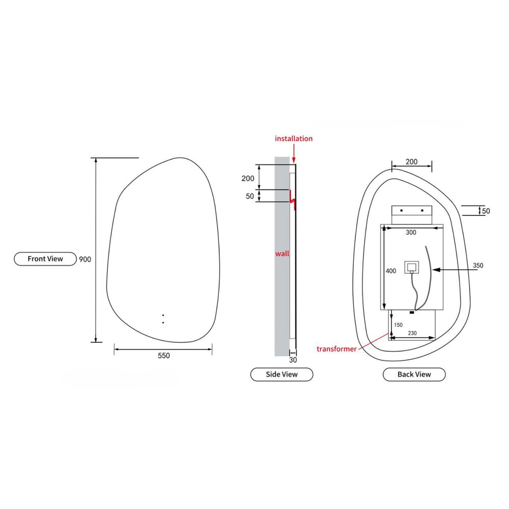 AULIC TARCOOLA ASYMMETRICAL FRAMELESS LED MIRROR 3 COLOUR LIGHTS 550X900MM