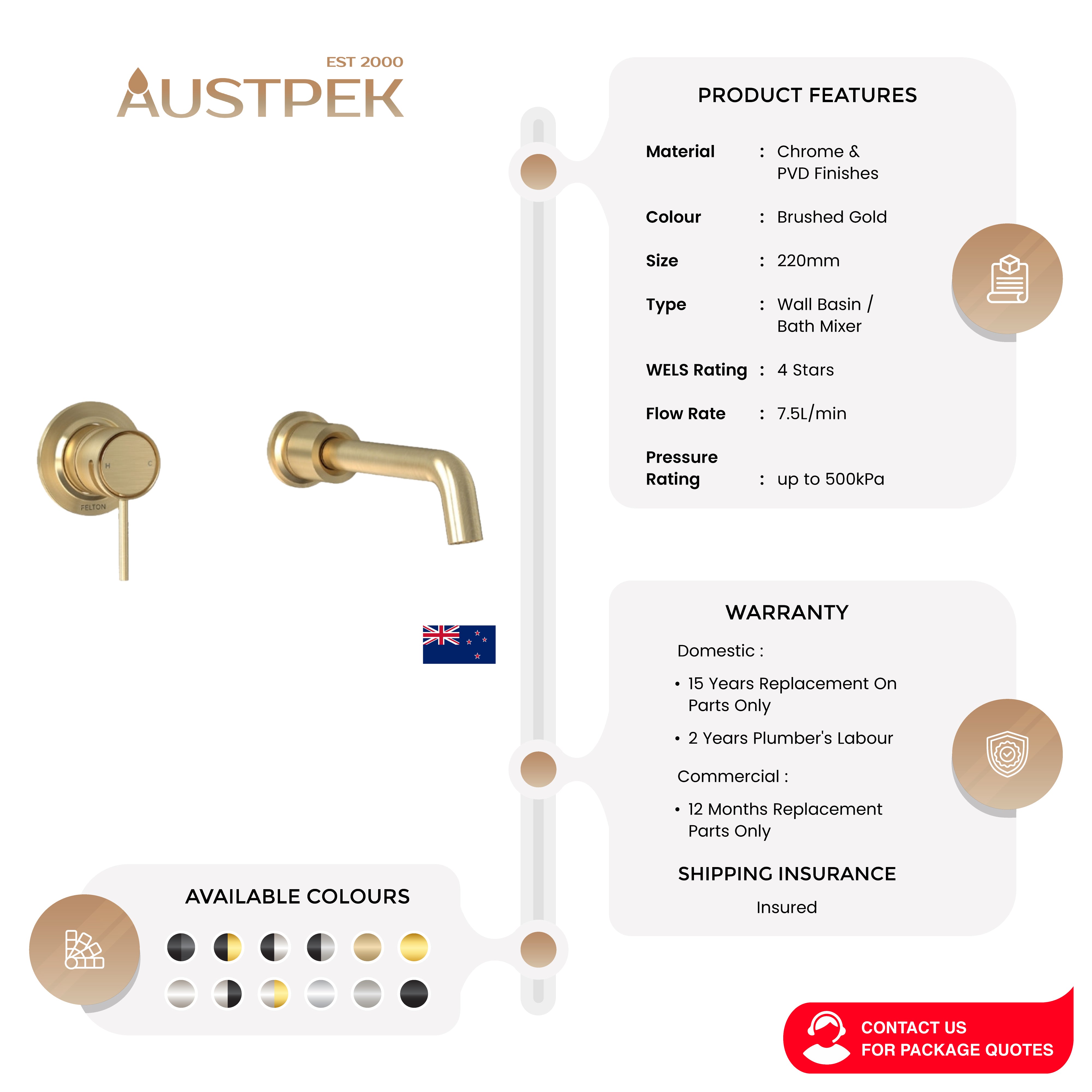 FELTON TATE WALL MOUNTED BASIN / BATH MIXER 220MM BRUSHED GOLD
