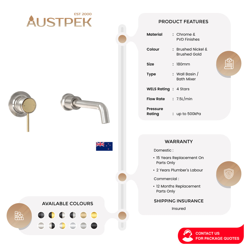FELTON TATE WALL MOUNTED BASIN / BATH MIXER 180MM BRUSHED NICKEL AND BRUSHED GOLD