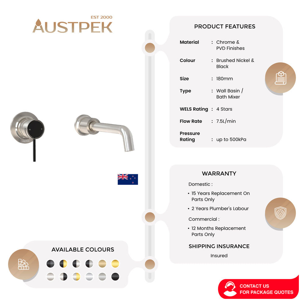 FELTON TATE WALL MOUNTED BASIN / BATH MIXER 180MM BRUSHED NICKEL AND BLACK