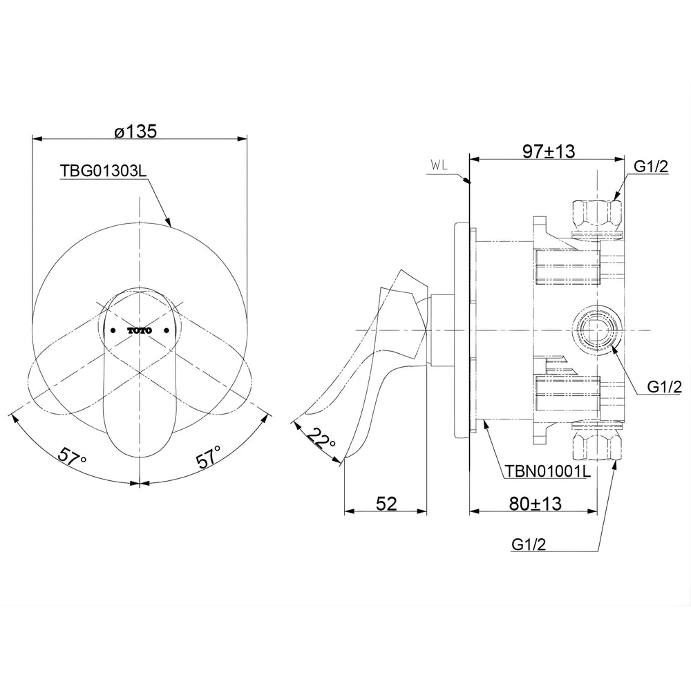 TOTO GA WALL MIXER FULL KIT 135MM CHROME