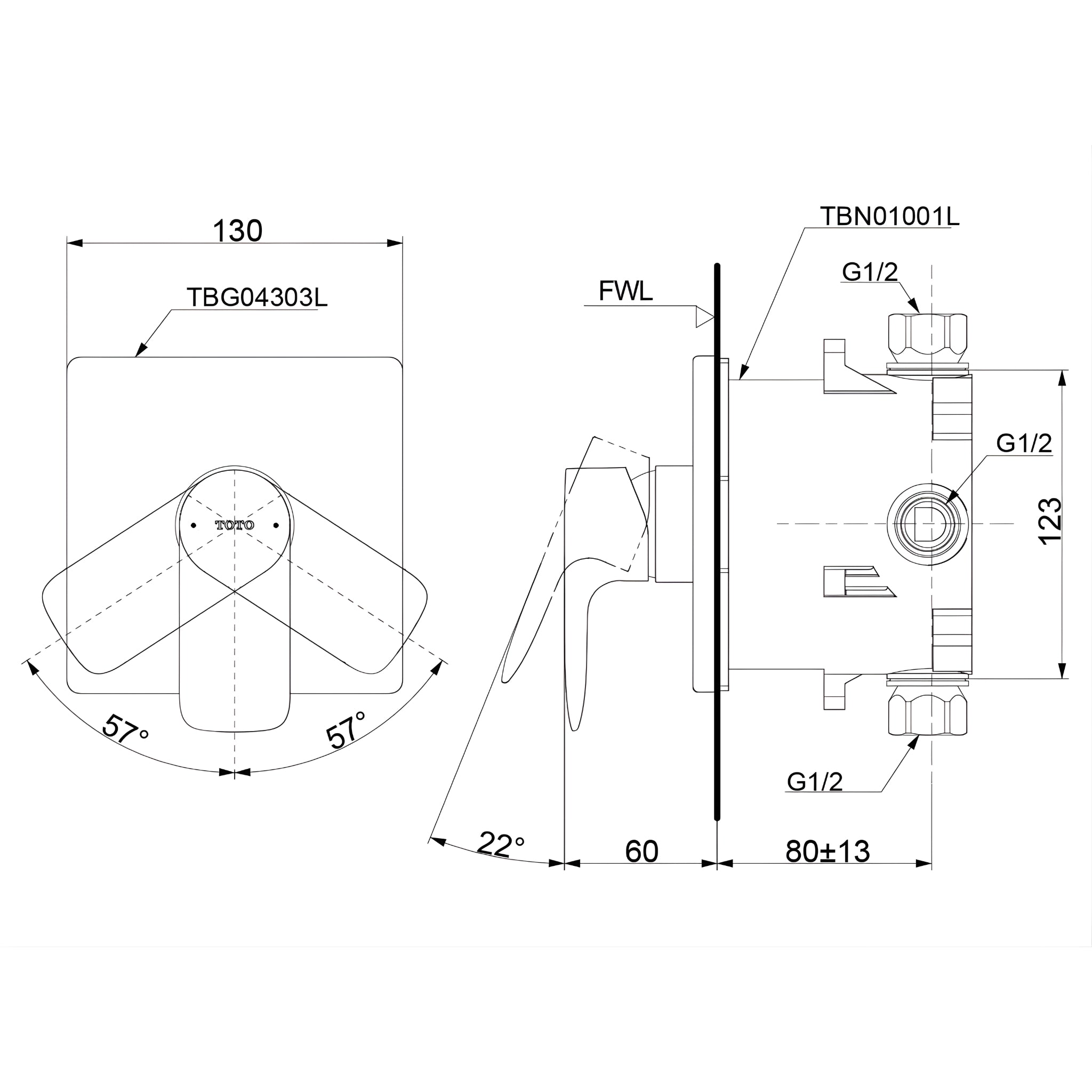 TOTO GA WALL MIXER FULL KIT 130MM CHROME