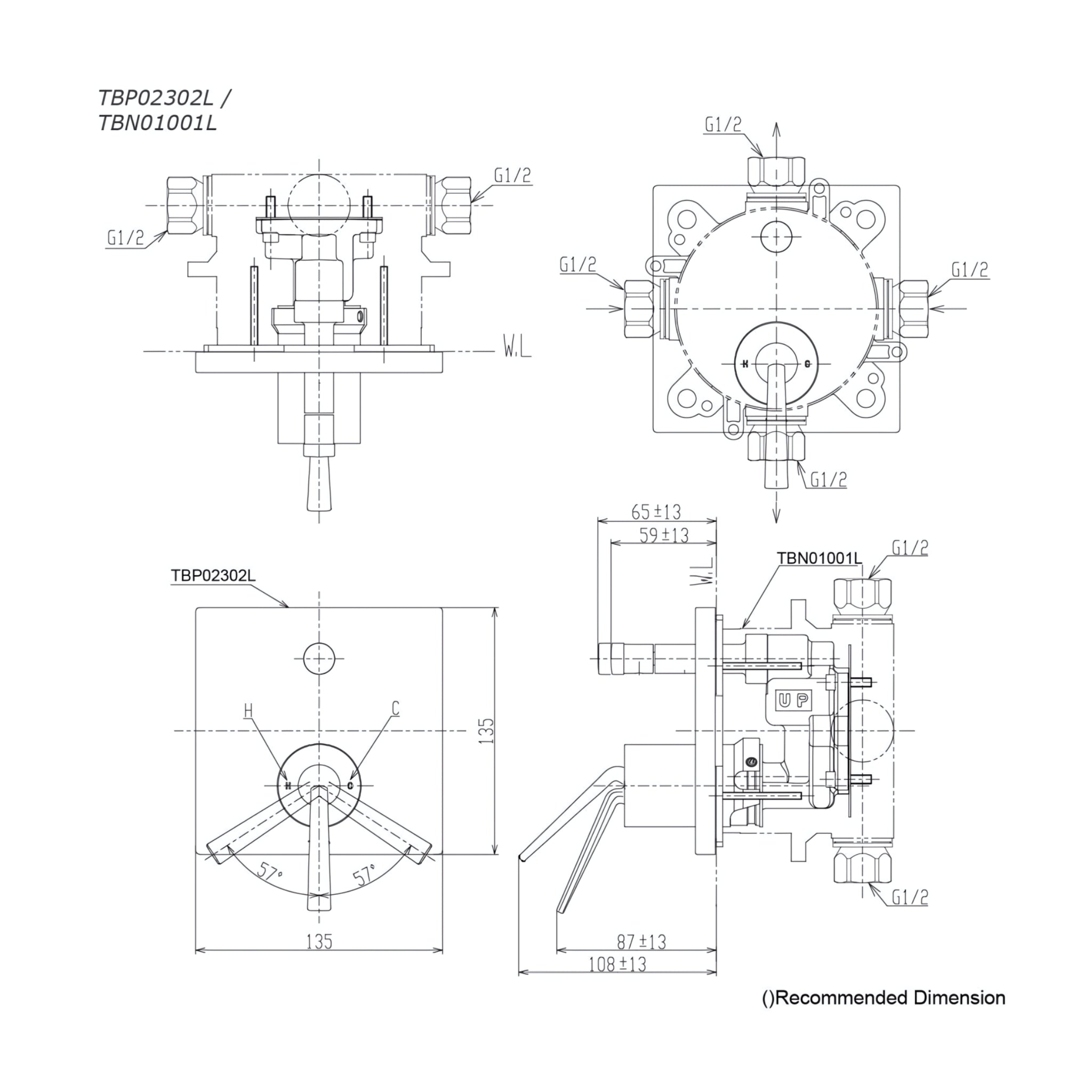 TOTO Z WALL MIXER WITH DIVERTER FULL KIT 135MM CHROME