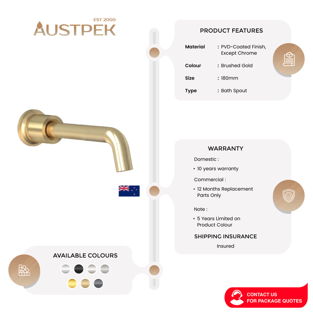 FELTON TATE WALL MOUNTED SPOUT 180MM BRUSHED GOLD