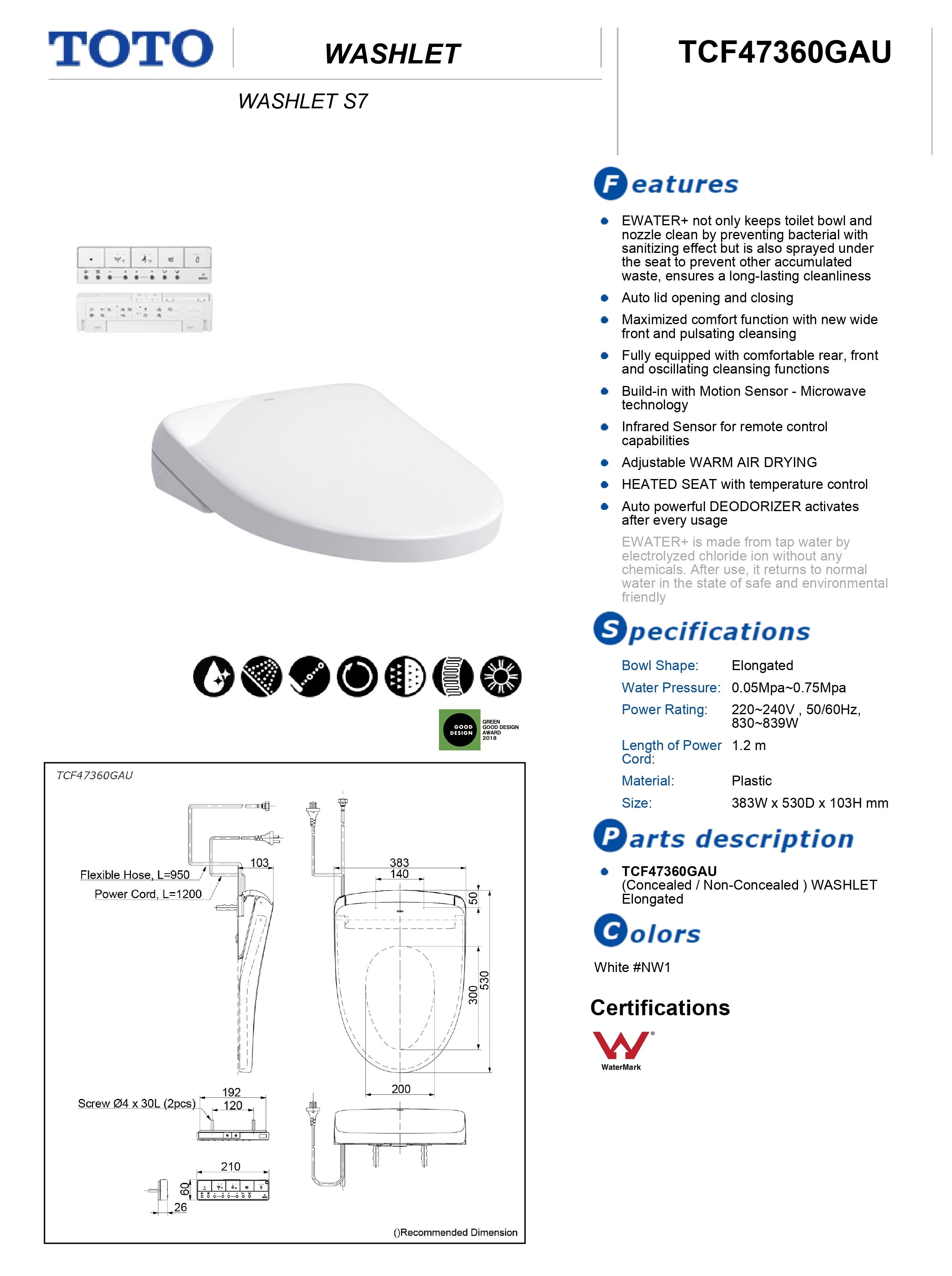 TOTO S7 WASHLET WITH REMOTE CONTROL AND AUTOLID ELONGATED GLOSS WHITE