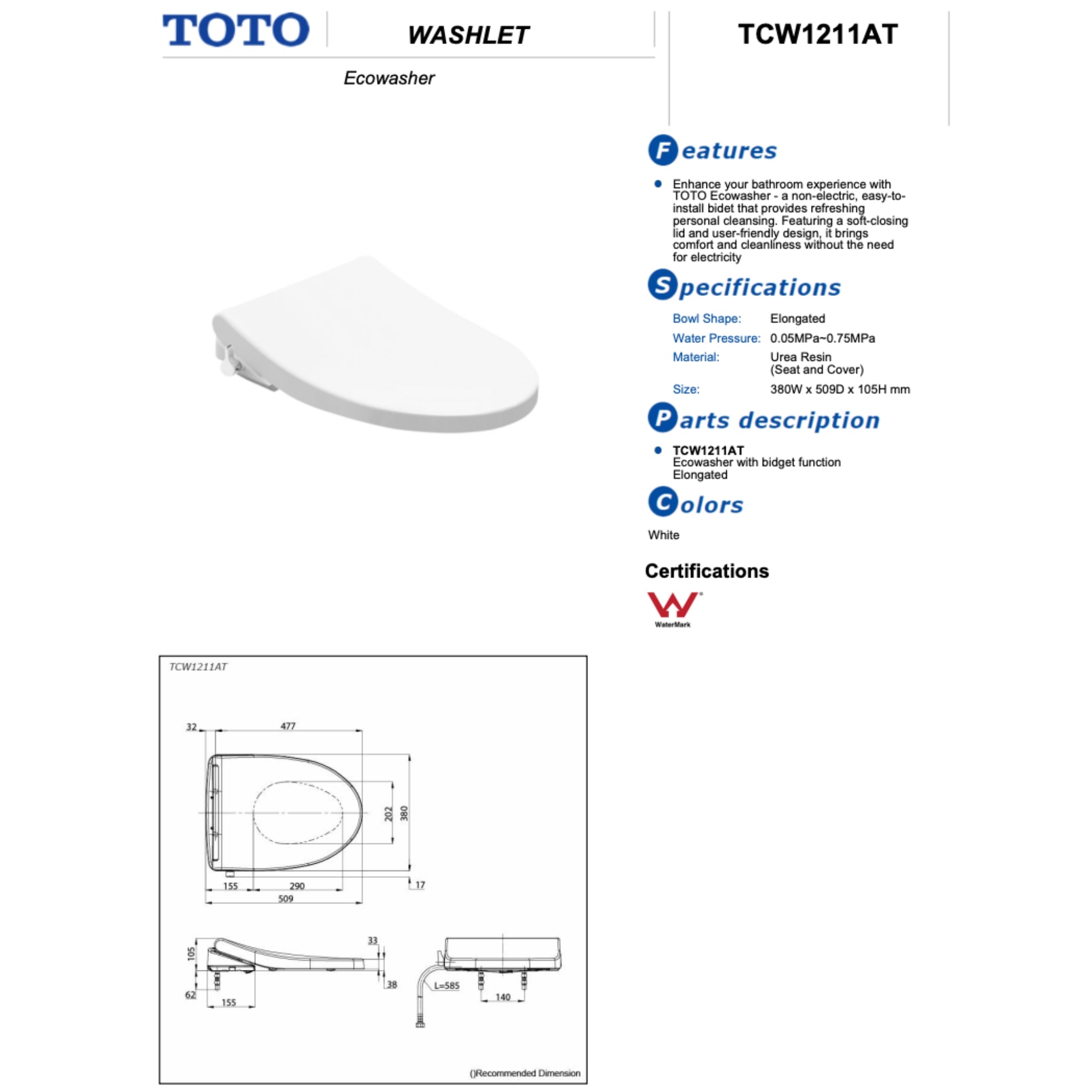 TOTO ECOWASHER NON-ELECTRIC BIDET TOILET SEAT ELONGATED WHITE (SHOWROOM DISPLAY)