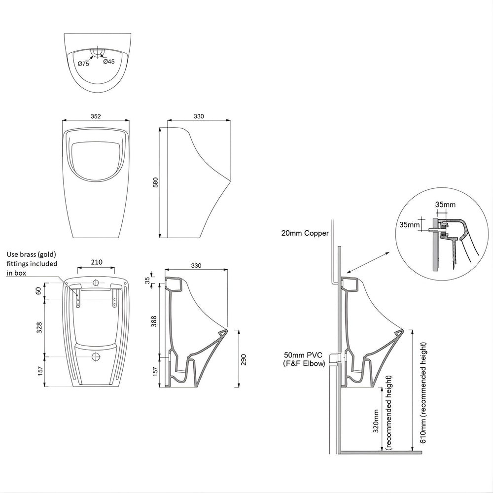 TURNER HASTINGS TEIDE WALL HUNG URINAL BACK INLET GLOSS WHITE