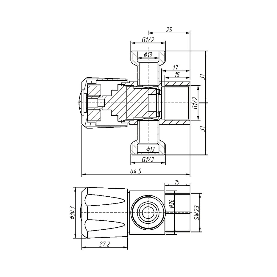 AMOZA LEAD FREE THREE WAY STOP TAP WITH BRUSHED STAINLESS STEEL