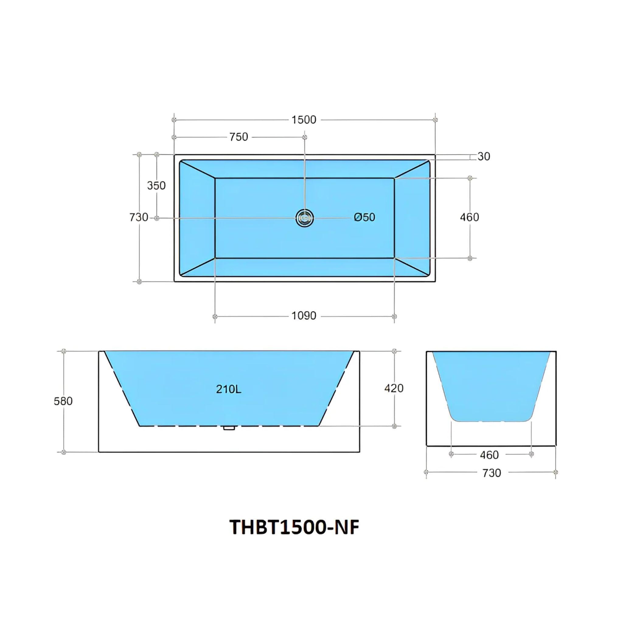 POSEIDON THEO BACK TO WALL BATHTUB NON OVERFLOW MATTE WHITE (AVAILABLE IN 1400MM, 1500MM AND 1700MM)