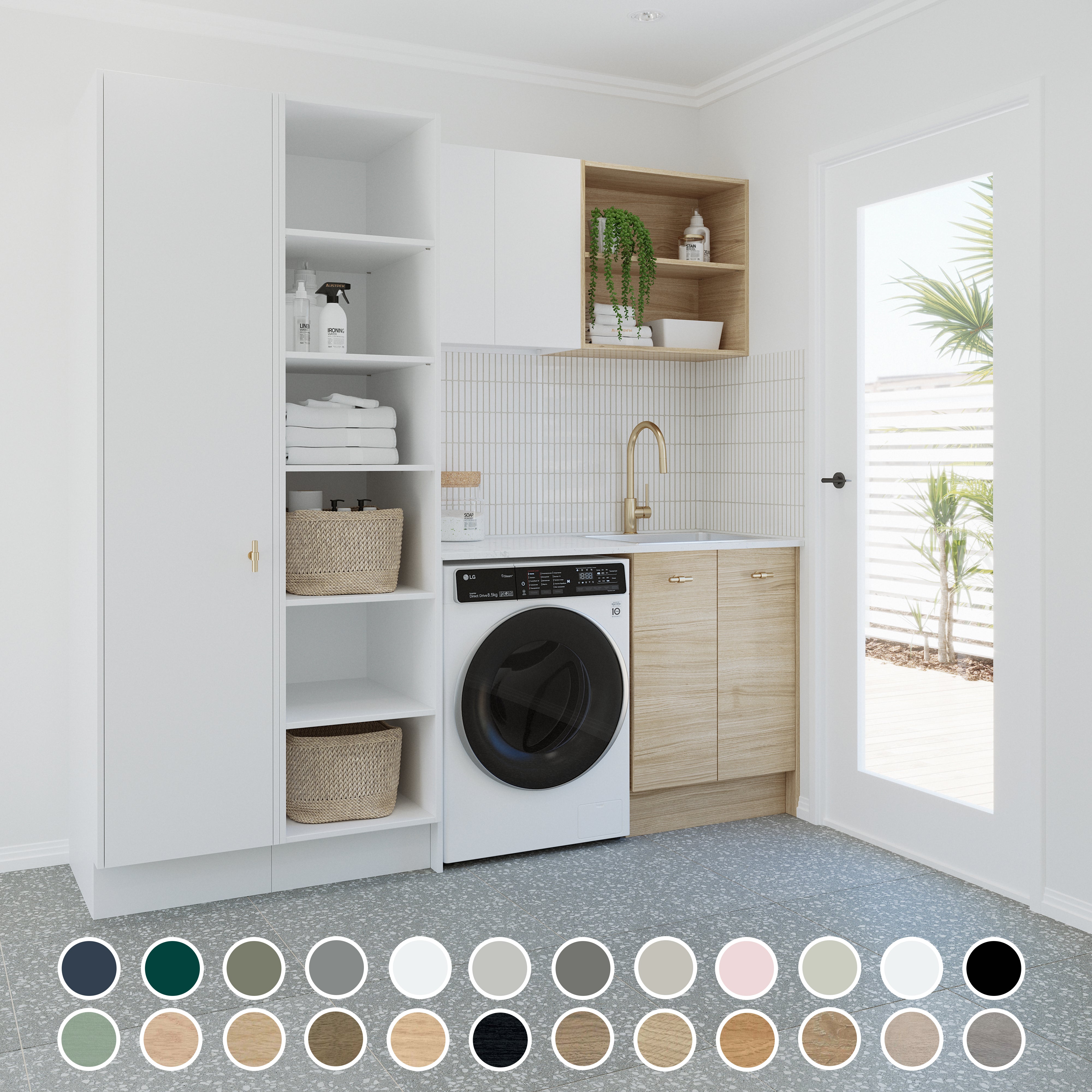TIMBERLINE CUSTOM 2182MM LAUNDRY BASE, WALL AND TALL CABINET PACKAGE