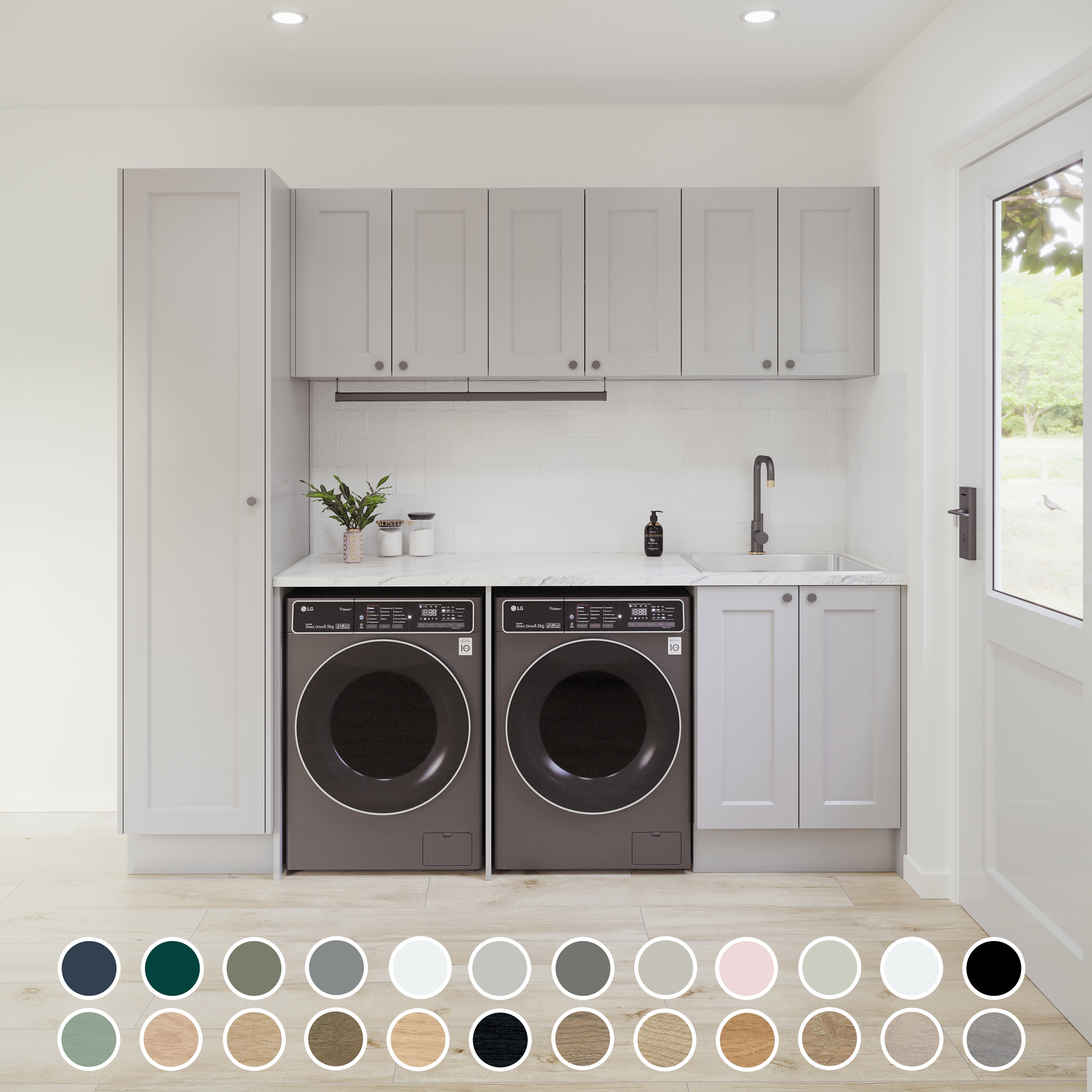 TIMBERLINE CUSTOM 2398MM LAUNDRY BASE, TALL AND WALL CABINET WITH LAUNDRY RAIL PACKAGE