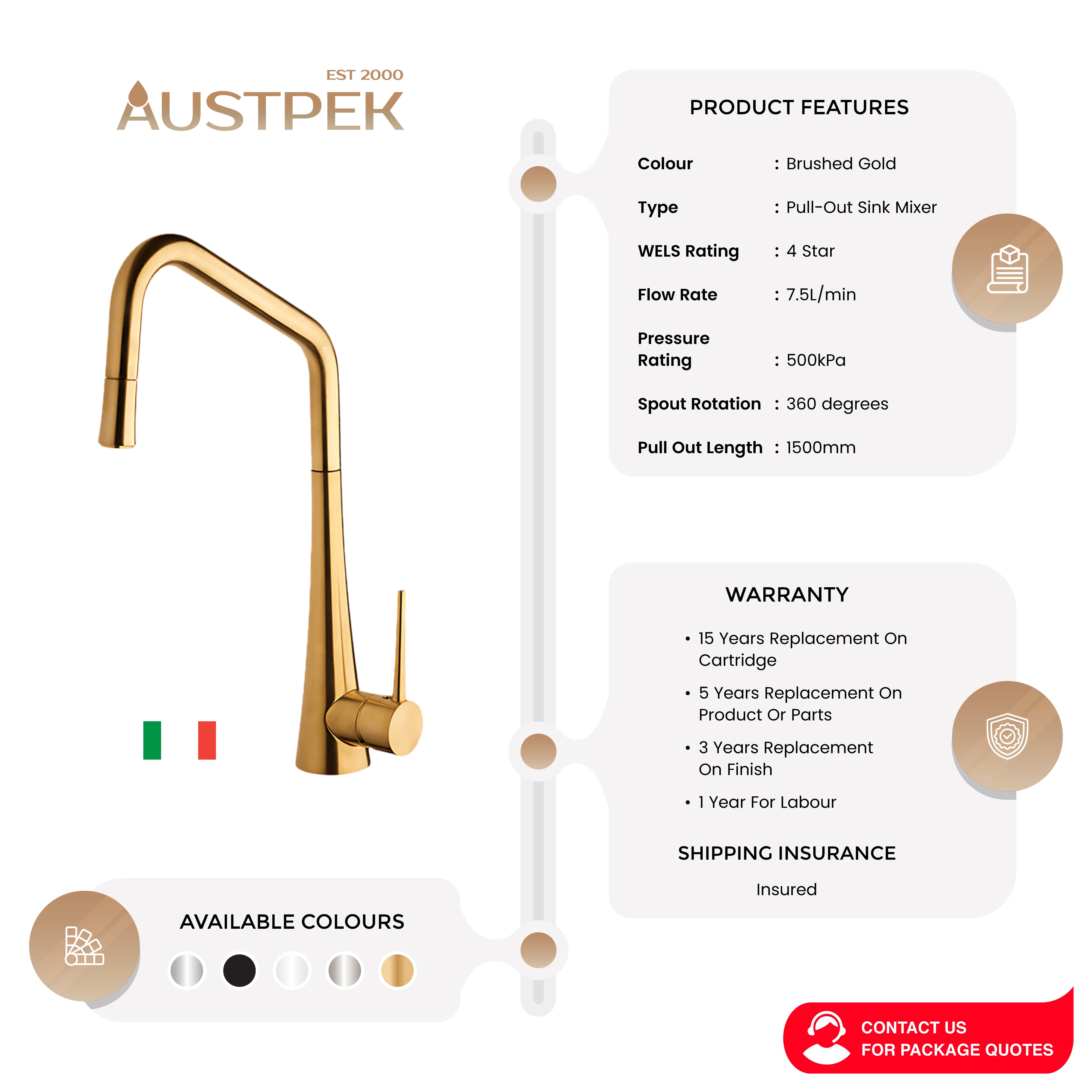 ARMANDO VICARIO TINK-D PULL-OUT SINK MIXER BRUSHED GOLD