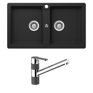 SCHOCK TYPOS DOUBLE BOWL KITCHEN SINK WITH PULL OUT KITCHEN MIXER ONYX 860MM