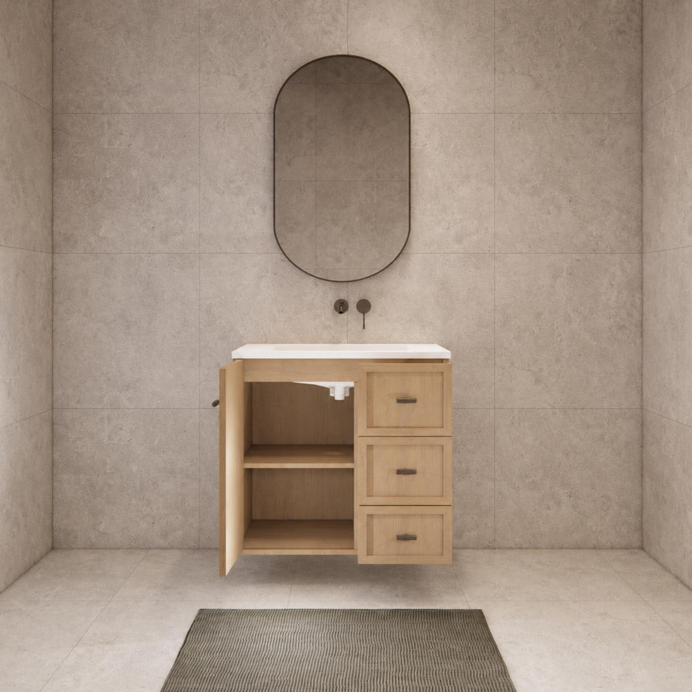 RIVA TOFINO COASTAL OAK 750MM SINGLE BOWL WALL HUNG VANITY (AVAILABLE IN LEFT HAND DRAWER AND RIGHT HAND DRAWER)