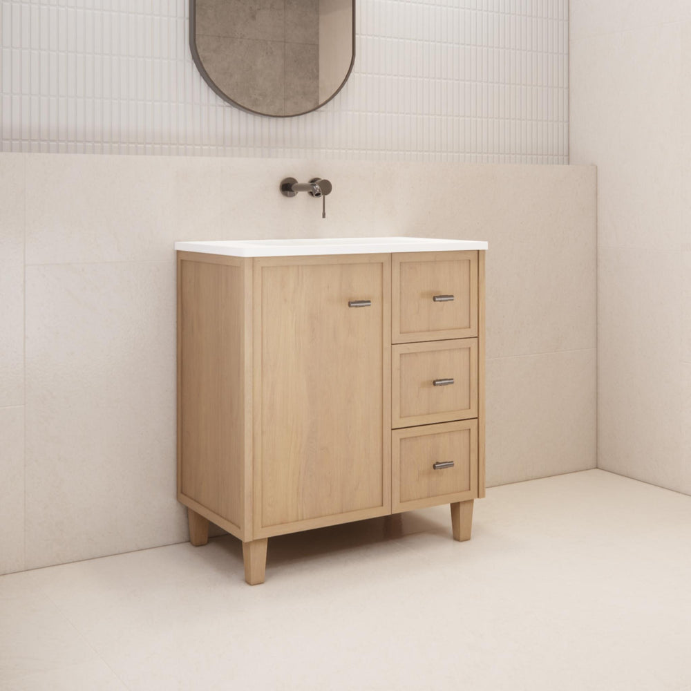 RIVA TOFINO COASTAL OAK 750MM SINGLE BOWL FLOOR STANDING VANITY (AVAILABLE IN LEFT HAND DRAWER AND RIGHT HAND DRAWER)