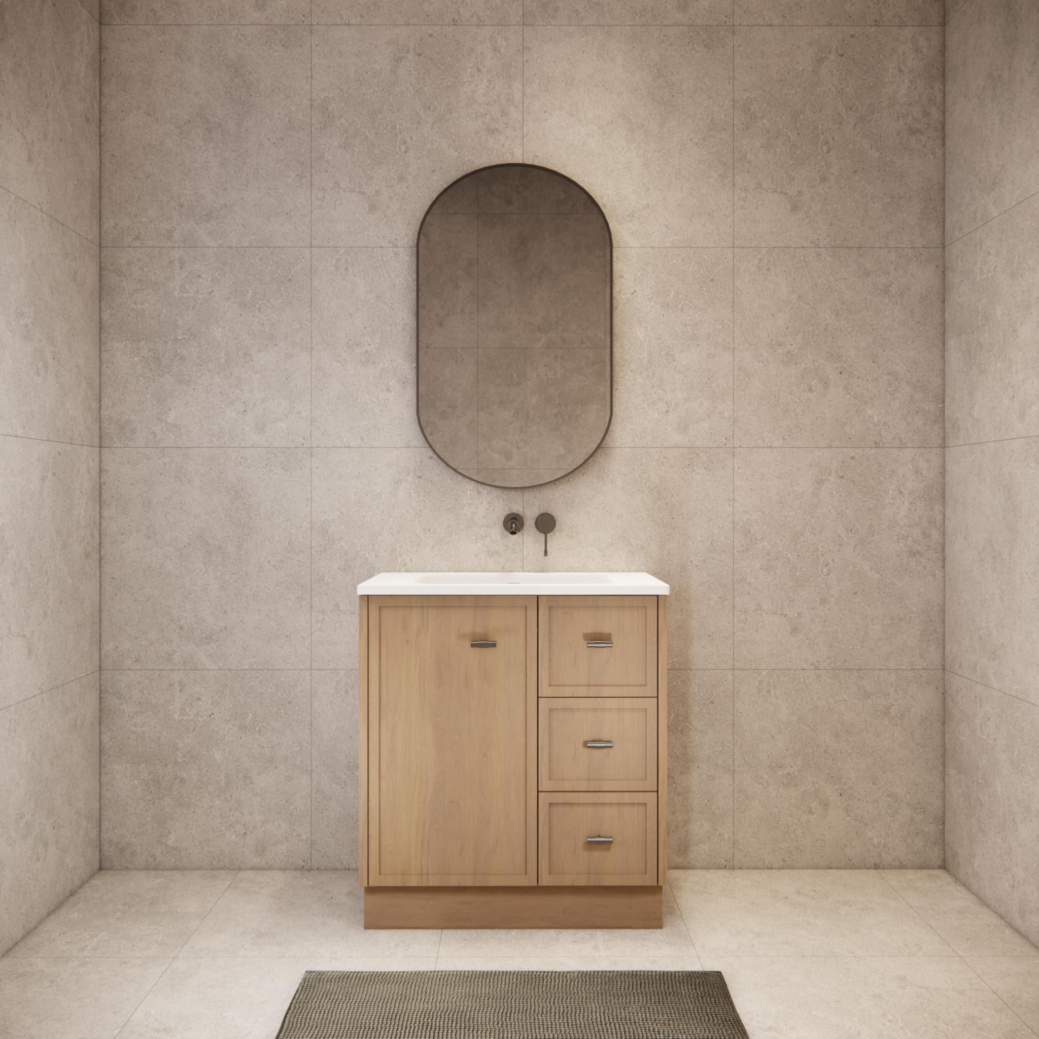 RIVA TOFINO COASTAL OAK 750MM SINGLE BOWL FLOOR STANDING VANITY WITH KICKBOARD (AVAILABLE IN LEFT HAND DRAWER AND RIGHT HAND DRAWER)