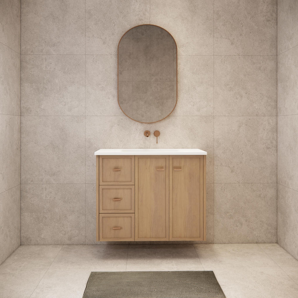 RIVA TOFINO COASTAL OAK 900MM SINGLE BOWL WALL HUNG VANITY (AVAILABLE IN LEFT HAND DRAWER AND RIGHT HAND DRAWER)