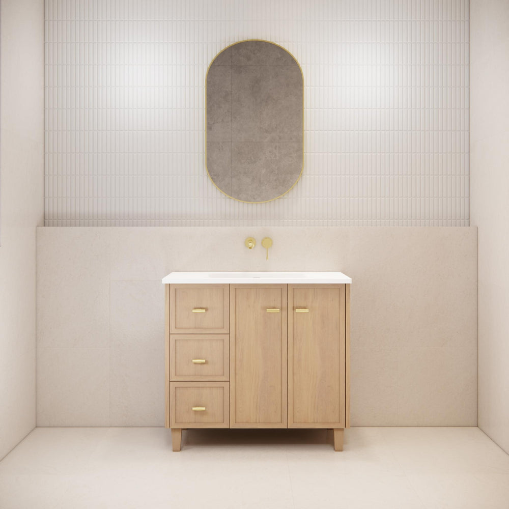 RIVA TOFINO COASTAL OAK 900MM SINGLE BOWL FLOOR STANDING VANITY (AVAILABLE IN LEFT HAND DRAWER AND RIGHT HAND DRAWER)