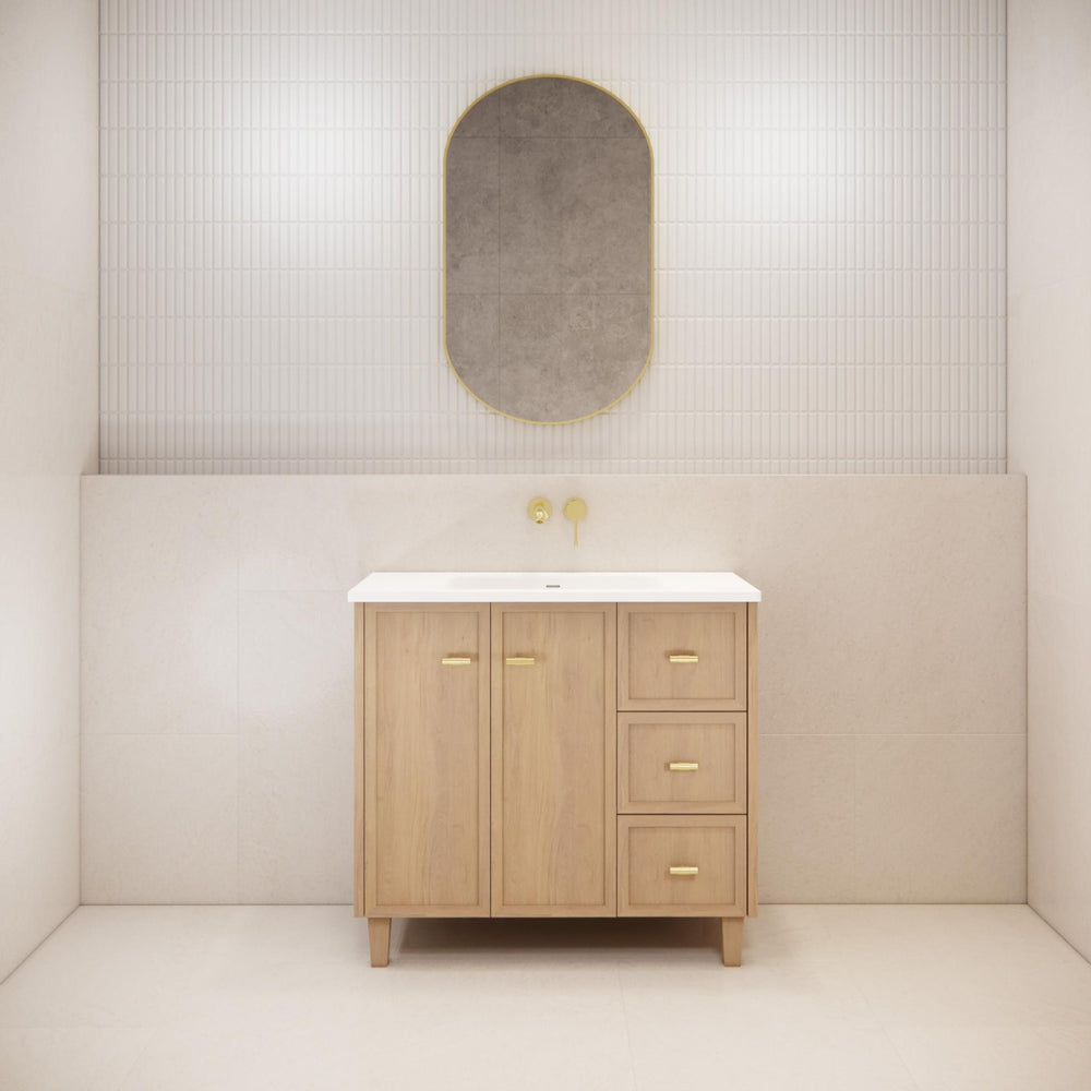 RIVA TOFINO COASTAL OAK 900MM SINGLE BOWL FLOOR STANDING VANITY (AVAILABLE IN LEFT HAND DRAWER AND RIGHT HAND DRAWER)