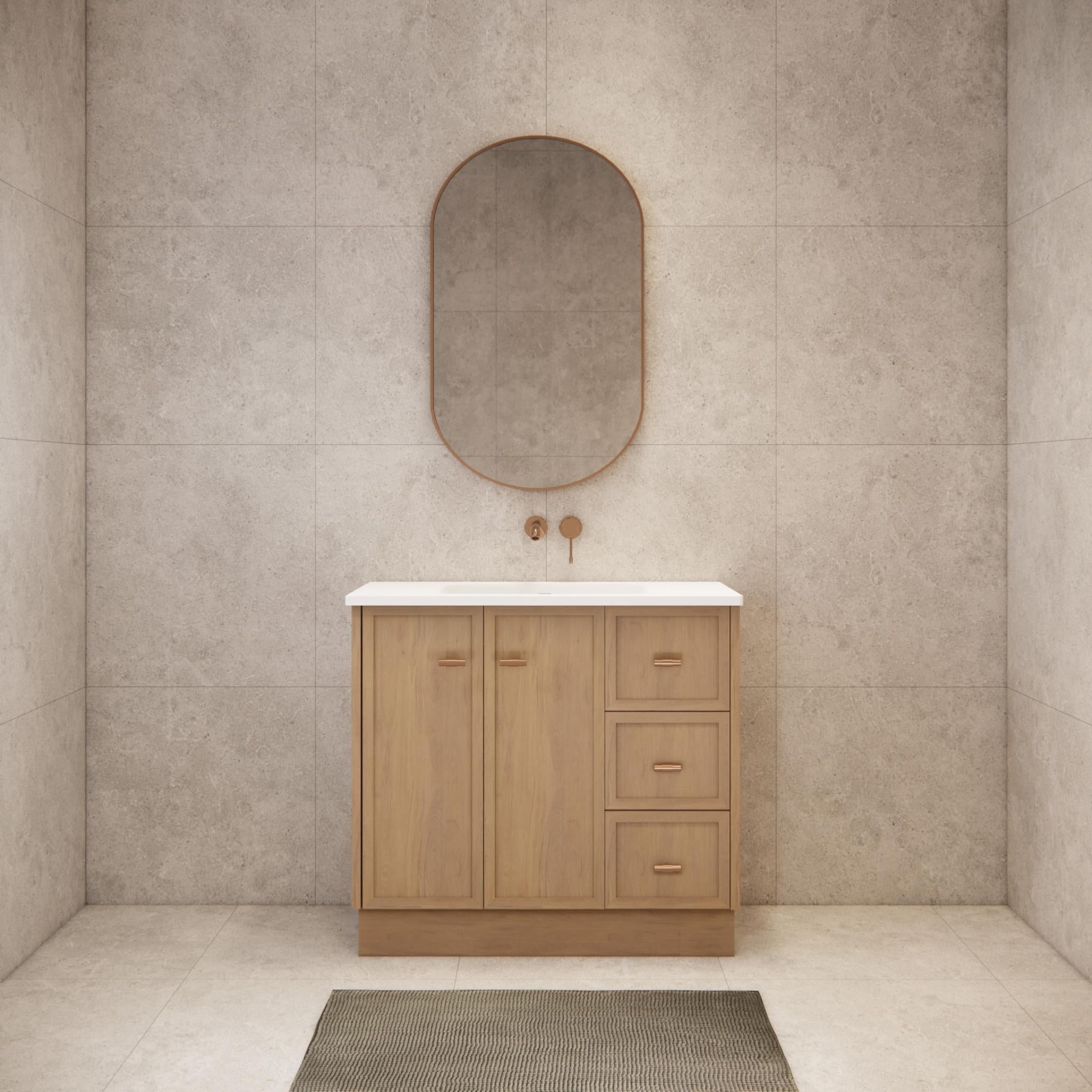RIVA TOFINO COASTAL OAK 900MM SINGLE BOWL FLOOR STANDING VANITY WITH KICKBOARD (AVAILABLE IN LEFT HAND DRAWER AND RIGHT HAND DRAWER)