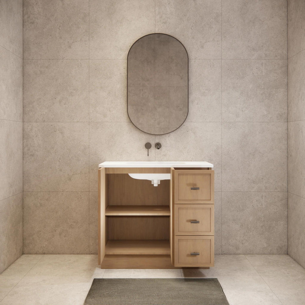 RIVA TOFINO COASTAL OAK 900MM SINGLE BOWL FLOOR STANDING VANITY WITH KICKBOARD (AVAILABLE IN LEFT HAND DRAWER AND RIGHT HAND DRAWER)